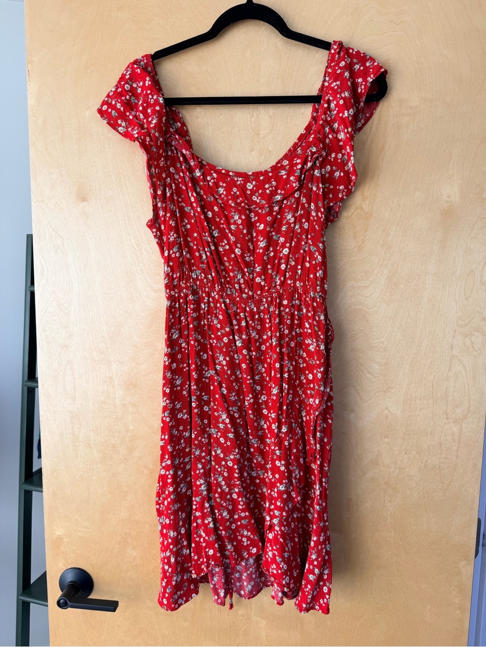 Red Floral Midi Dress with Flutter Sleeves